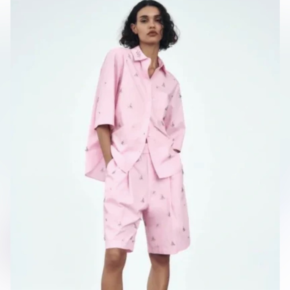 NEW W TAG. Zara Pink Poplin Jeweled Blouse & Shorts